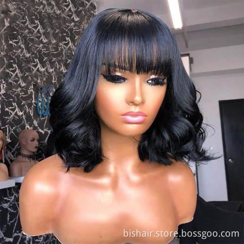 Wholesale Natural Color Full Machine Made Wigs With Bangs Short Bob With Remy Brazilian Human Hair Wigs For Women Body Wave